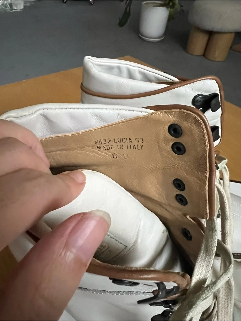 Coach Cream Lace-Up Block Heel Ankle Boots with Tan Trim